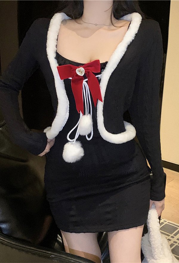 クリスマス セクシー ニットドレス 毛皮のようなレースアップ ニットジャケット ストッキング付き クリスマス セクシー ニットドレス 毛皮のようなレースアップ ニットジャケット ストッキング付き