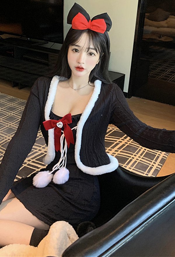 クリスマス セクシー ニットドレス 毛皮のようなレースアップ ニットジャケット ストッキング付き クリスマス セクシー ニットドレス 毛皮のようなレースアップ ニットジャケット ストッキング付き
