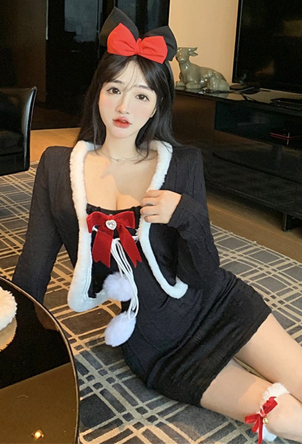 クリスマス セクシー ニットドレス 毛皮のようなレースアップ ニットジャケット ストッキング付き クリスマス セクシー ニットドレス 毛皮のようなレースアップ ニットジャケット ストッキング付き