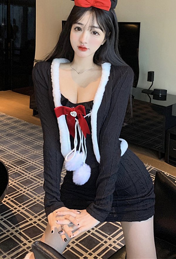 クリスマス セクシー ニットドレス 毛皮のようなレースアップ ニットジャケット ストッキング付き クリスマス セクシー ニットドレス 毛皮のようなレースアップ ニットジャケット ストッキング付き