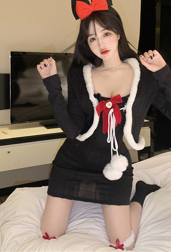 クリスマス セクシー ニットドレス 毛皮のようなレースアップ ニットジャケット ストッキング付き クリスマス セクシー ニットドレス 毛皮のようなレースアップ ニットジャケット ストッキング付き