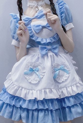 かわいい メイド服 バブル フリル リボン 制服 ロリータ ドレス コスプレ衣装