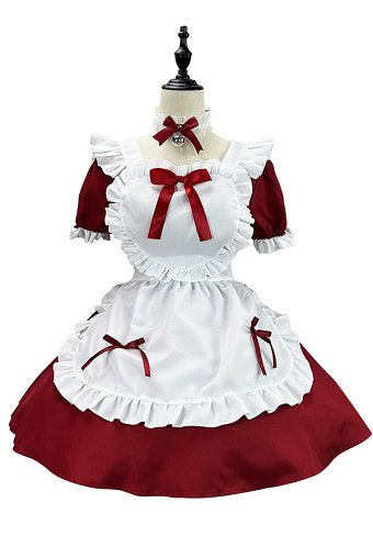 プラスサイズ クリスマス かわいいメイド服 フリル リボン装飾 ドレス エプロン ヘッドドレス チョーカー付き