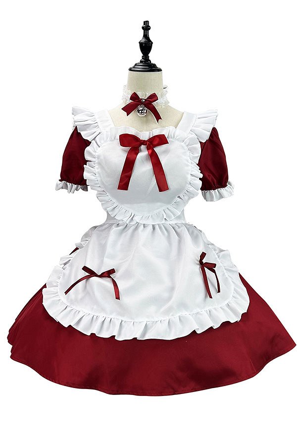 プラスサイズ クリスマス かわいいメイド服 フリル リボン装飾 ドレス エプロン ヘッドドレス チョーカー付き