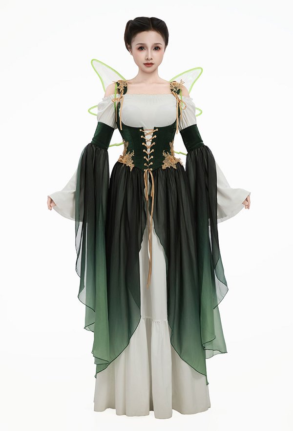 中世 エルフ 妖精 グラデーショングリーン ドレス コスプレ 衣装