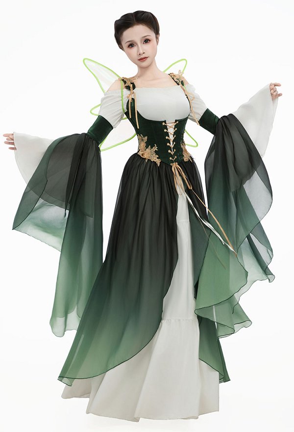 中世 エルフ 妖精 グラデーショングリーン ドレス コスプレ 衣装
