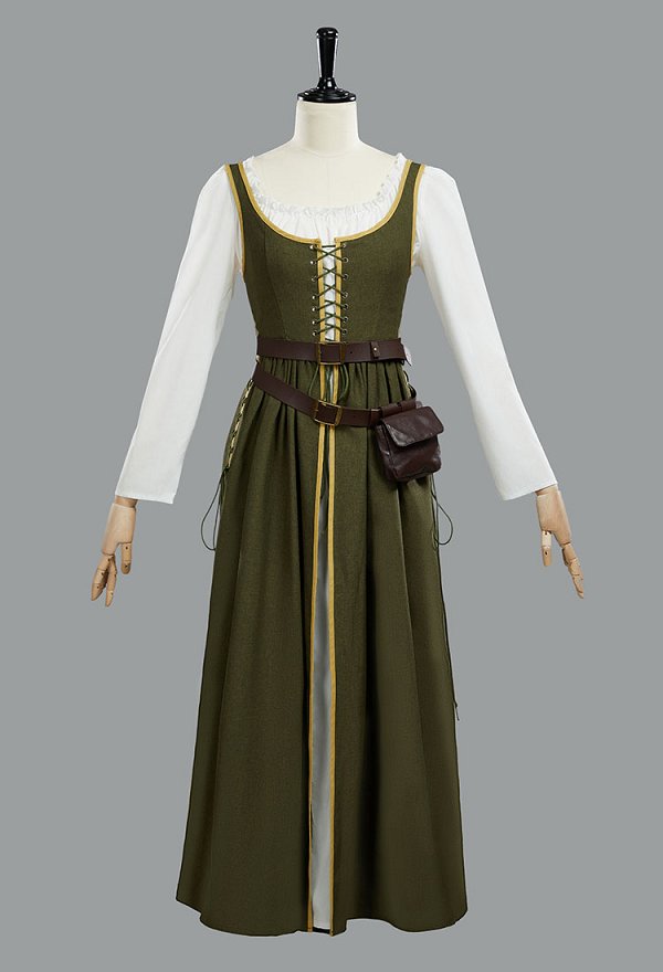中世 メイド オリーブグリーン ドレス フェイクツーピース コスプレ 衣装