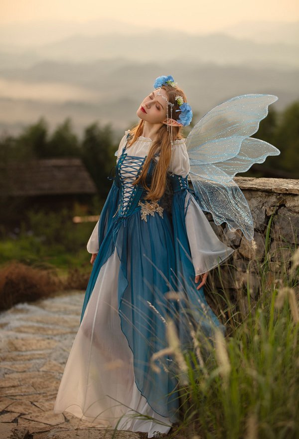 中世 エルフ 妖精 コスプレ コルセット ワンピース 青色 中世 エルフ 妖精 コスプレ コルセット ワンピース 青色