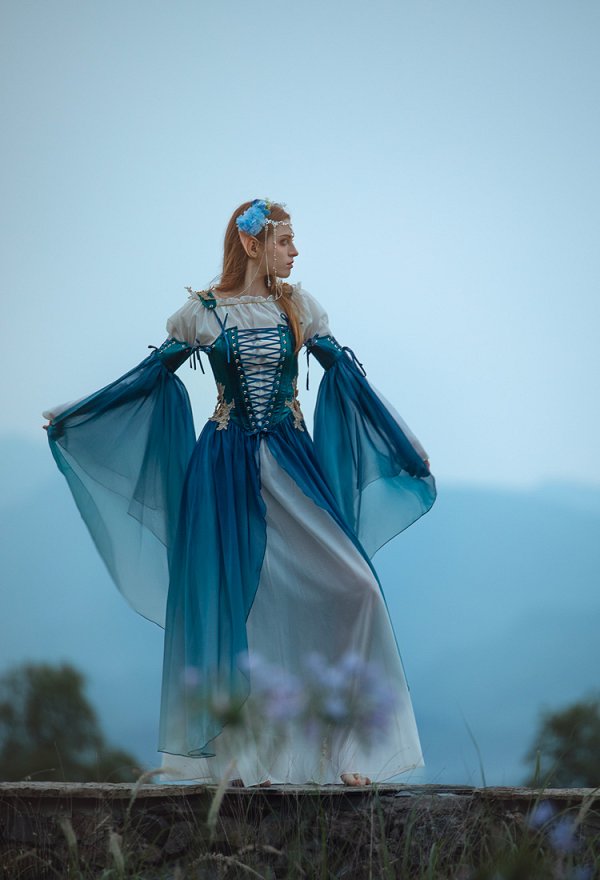 中世 エルフ 妖精 コスプレ コルセット ワンピース 青色 中世 エルフ 妖精 コスプレ コルセット ワンピース 青色