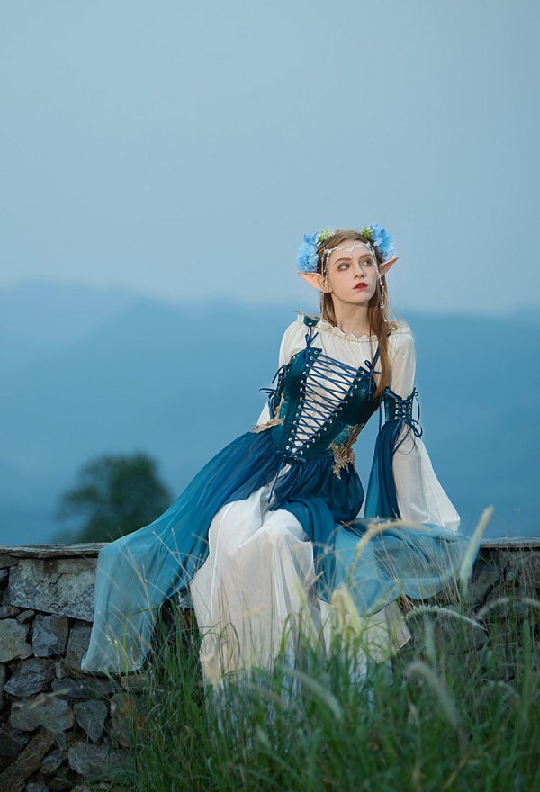 中世 エルフ 妖精 コスプレ コルセット ワンピース 青色 中世 エルフ 妖精 コスプレ コルセット ワンピース 青色