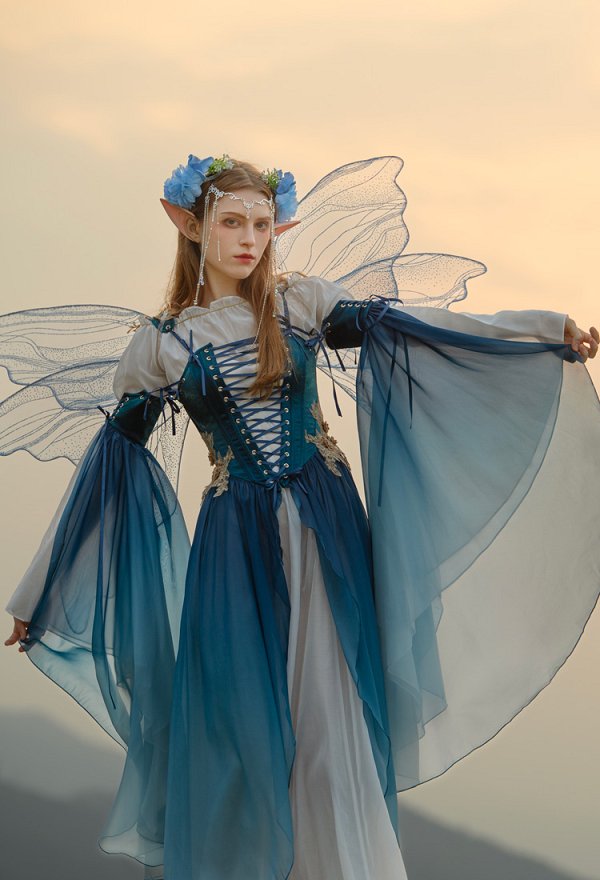 中世 エルフ 妖精 コスプレ コルセット ワンピース 青色 中世 エルフ 妖精 コスプレ コルセット ワンピース 青色