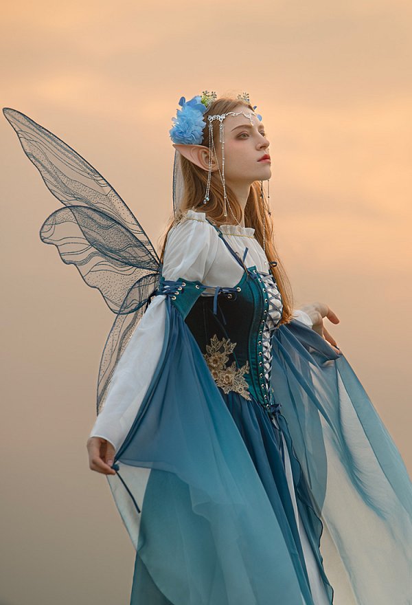 中世 エルフ 妖精 コスプレ コルセット ワンピース 青色 中世 エルフ 妖精 コスプレ コルセット ワンピース 青色