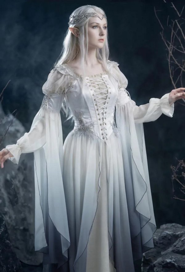 中世 エルフ 妖精 コスプレ コルセット ワンピース 白灰色