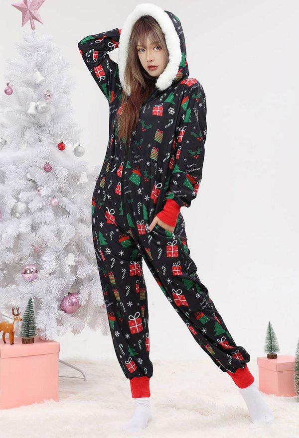 クリスマス 可愛い プレゼント つなぎ パジャマ オールインワン 黒色 クリスマス 可愛い プレゼント つなぎ パジャマ オールインワン 黒色