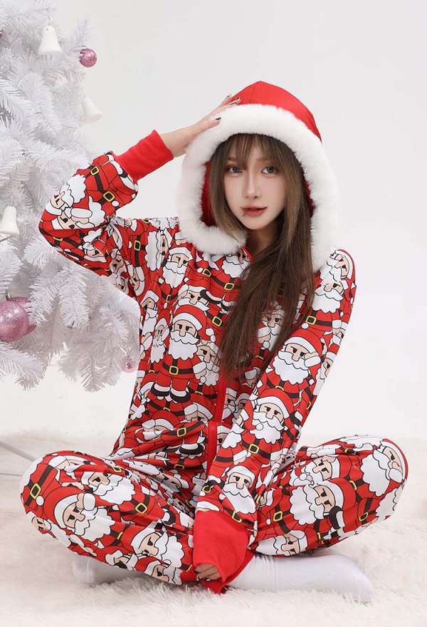 クリスマス サンタクロース 可愛い つなぎ パジャマ オールインワン 黒色