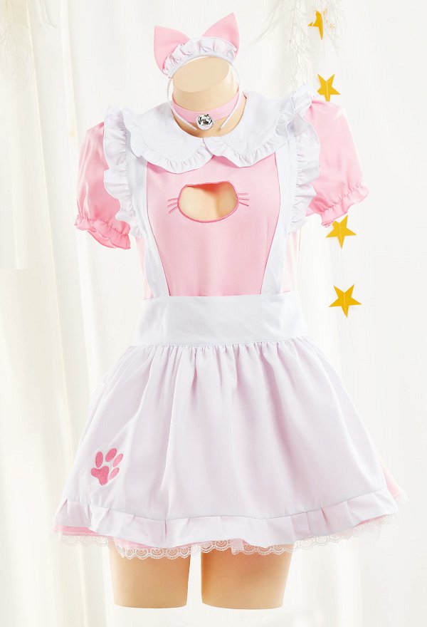 女性 多色 セクシー 胸中空 メイド ドレス ホームウェア 猫 エプロン コスプレ 衣装