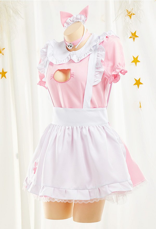 女性 多色 セクシー 胸中空 メイド ドレス ホームウェア 猫 エプロン コスプレ 衣装