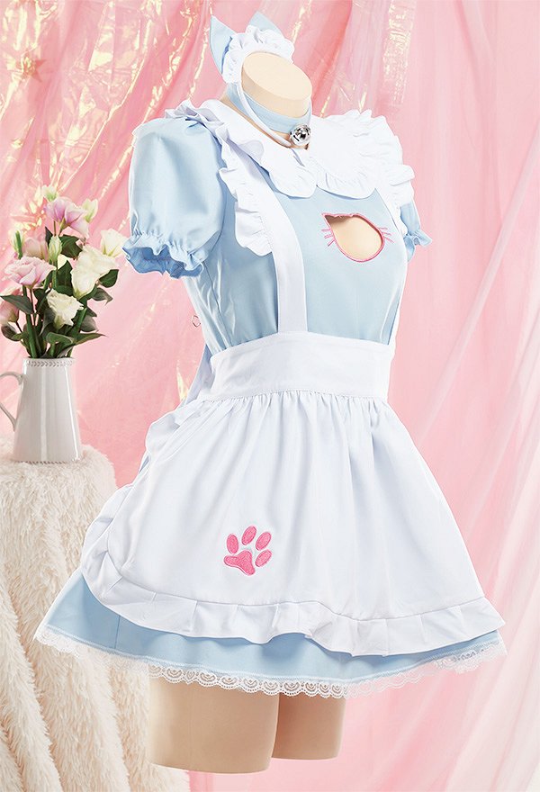 女性 多色 セクシー 胸中空 メイド ドレス ホームウェア 猫 エプロン コスプレ 衣装
