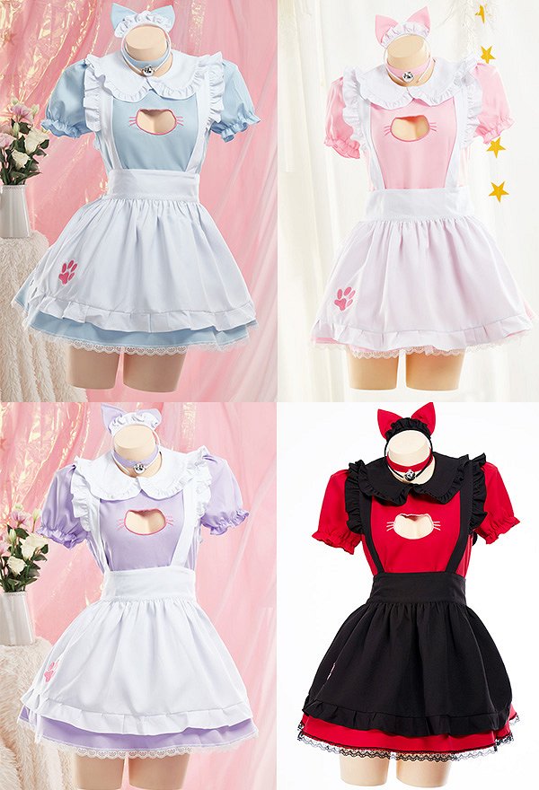 女性 多色 セクシー 胸中空 メイド ドレス ホームウェア 猫 エプロン コスプレ 衣装
