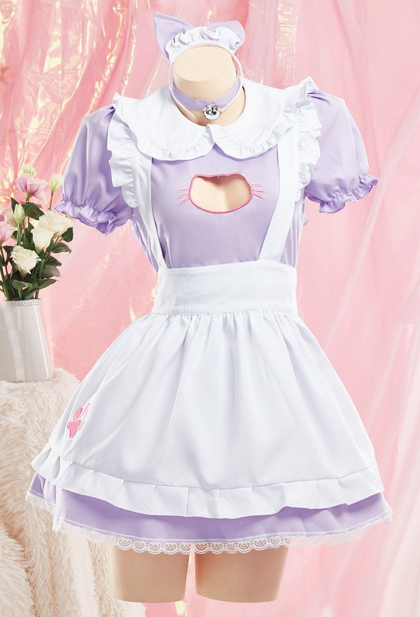 女性 多色 セクシー 胸中空 メイド ドレス ホームウェア 猫 エプロン コスプレ 衣装