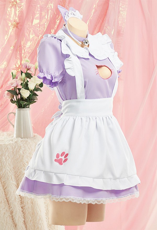女性 多色 セクシー 胸中空 メイド ドレス ホームウェア 猫 エプロン コスプレ 衣装