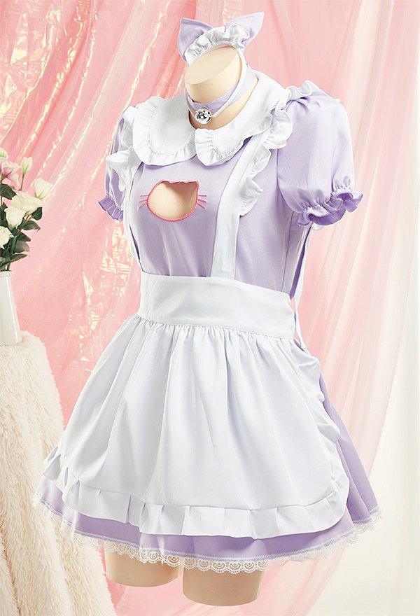 女性 多色 セクシー 胸中空 メイド ドレス ホームウェア 猫 エプロン コスプレ 衣装