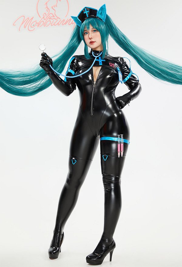 ミク ナース セクシー エナメル ボディスーツ コスプレ 黒色 青色 ミク ナース セクシー エナメル ボディスーツ コスプレ 黒色 青色