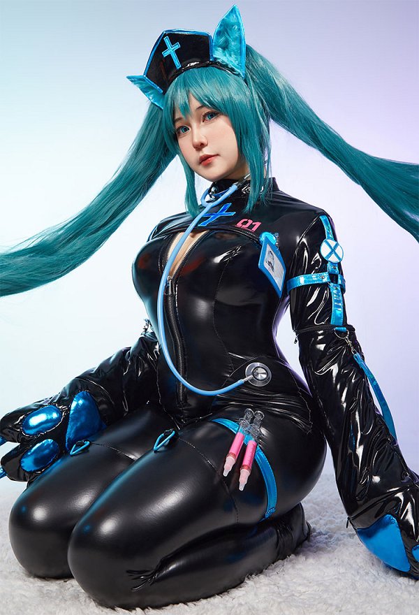 ミク ナース セクシー エナメル ボディスーツ コスプレ 黒色 青色 ミク ナース セクシー エナメル ボディスーツ コスプレ 黒色 青色
