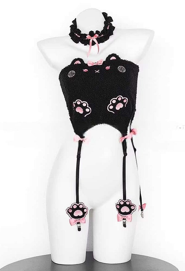 魔法 黒猫 セクシー ビスチェ かわいい 肉球ぬいぐるみ刺繍 下着