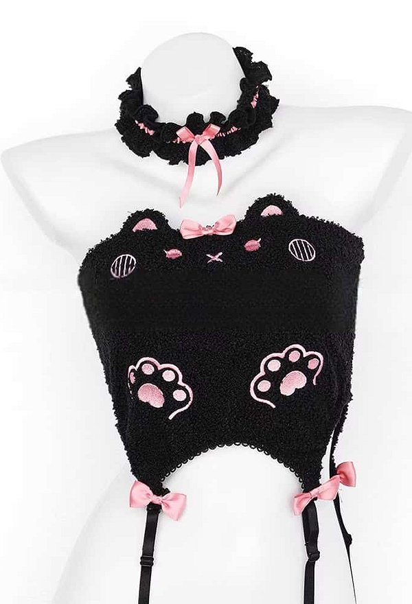 魔法 黒猫 セクシー ビスチェ かわいい 肉球ぬいぐるみ刺繍 下着