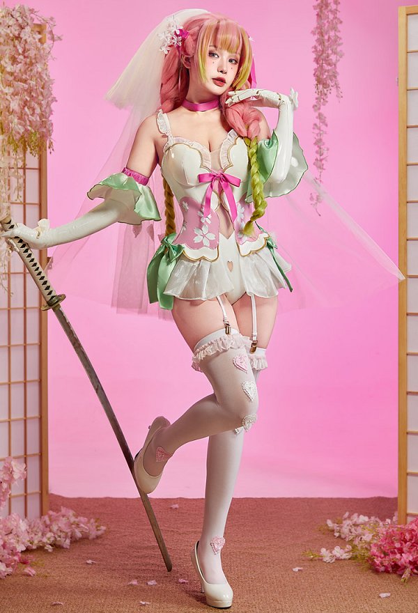 イラストライターPrincess_Ailishコラボ 鬼滅の刃 甘露寺蜜璃 恋柱 花嫁 セクシー 透かし編み ボディスーツ イラストライターPrincess_Ailishコラボ 鬼滅の刃 甘露寺蜜璃 恋柱 花嫁 セクシー 透かし編み ボディスーツ