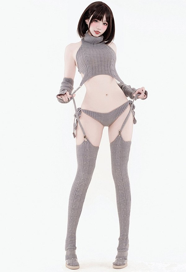 ニット セクシー セット ハイネック 袖なし 背中開き ショートトップス ショーツ ニット セクシー セット ハイネック 袖なし 背中開き ショートトップス ショーツ