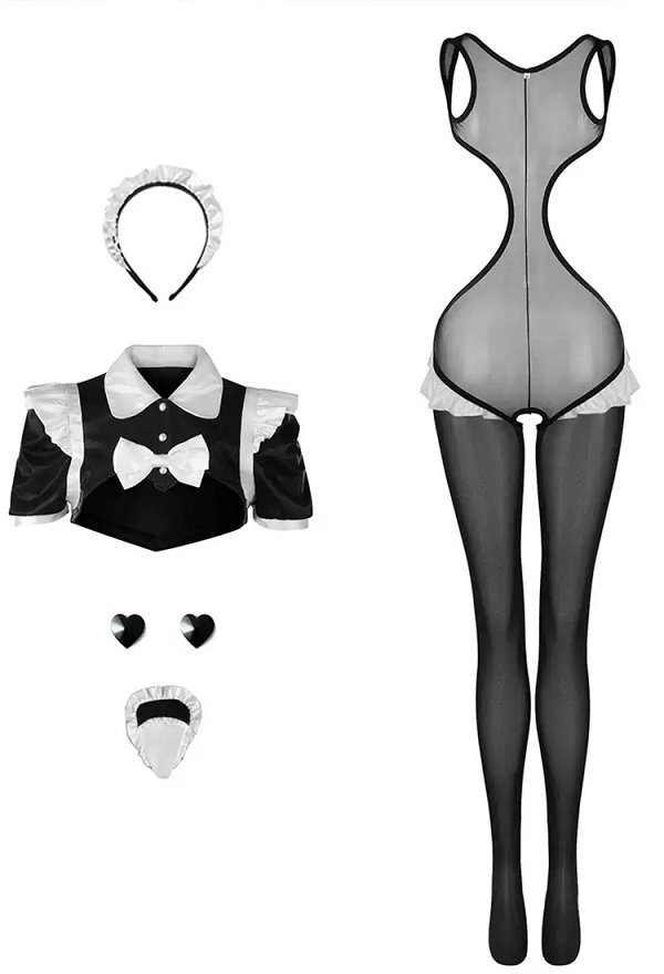 メイド 透け感カットアウトワンピース|ヘアバンド&胸パッド付き セクシー官能的 メイド 透け感カットアウトワンピース|ヘアバンド&胸パッド付き セクシー官能的