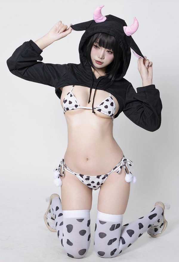 牛柄 ランジェリー ビキニ フード クロップ セット 牛柄 ランジェリー ビキニ フード クロップ セット