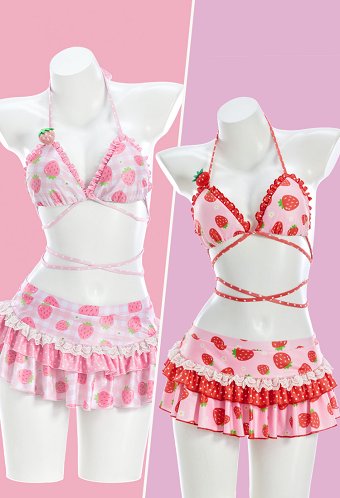 イチゴ柄 ピンク 水着 女性 夏 ビキニ
