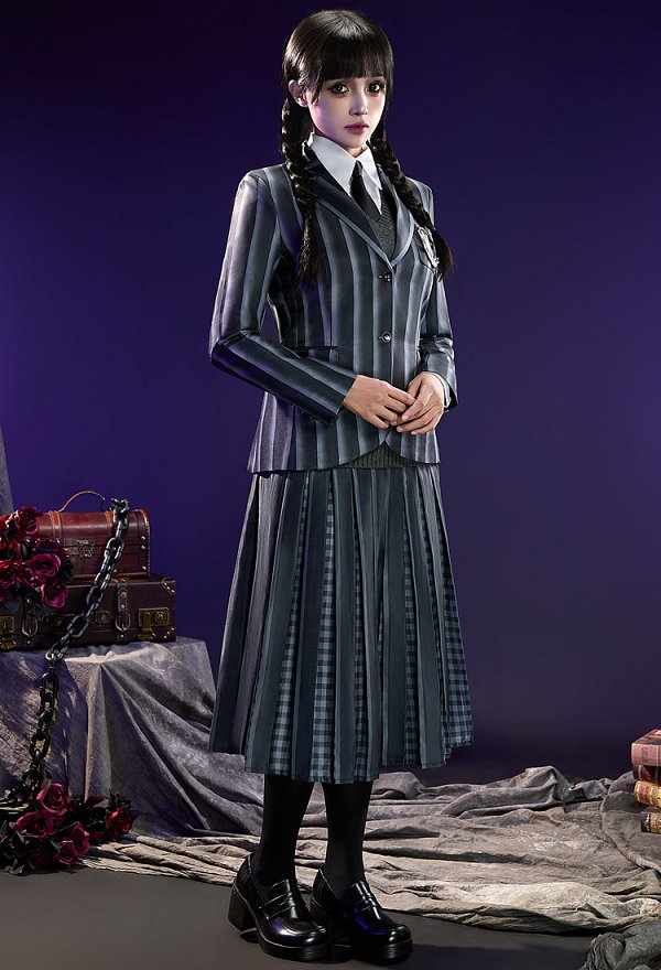 アダムス・ファミリー ウェンズデー ストライプ 制服セット コスプレ 衣装 アダムス・ファミリー ウェンズデー ストライプ 制服セット コスプレ 衣装