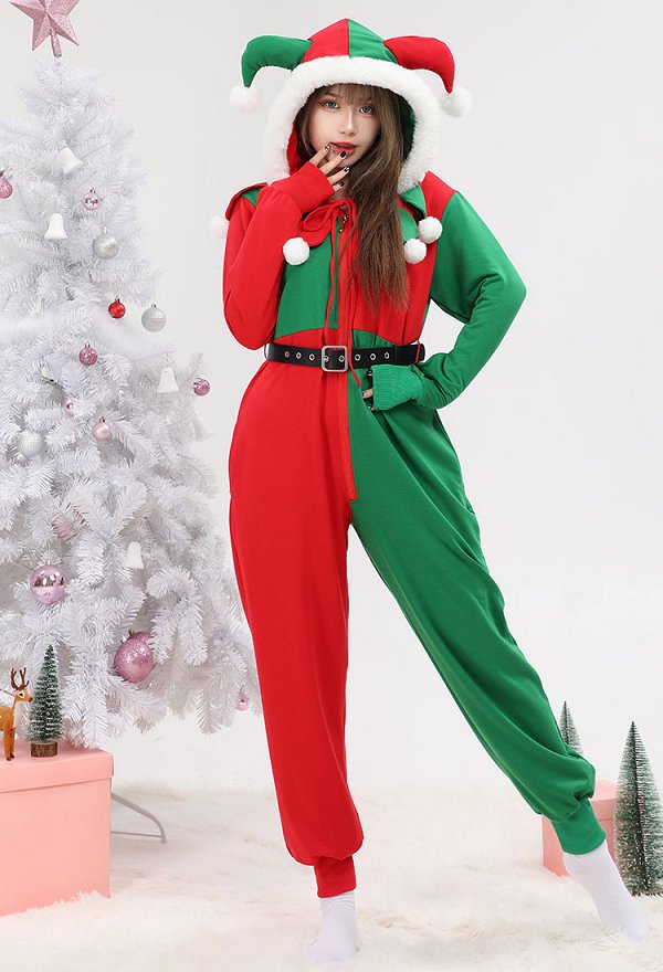 クリスマス ピエロ ジョーカー 可愛い つなぎ パジャマ オールインワン 赤色 緑色 クリスマス ピエロ ジョーカー 可愛い つなぎ パジャマ オールインワン 赤色 緑色