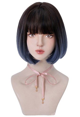 女性ショートボブコスプレウィッグ耐熱繊維グラデーショングレーブルーライトティーグレーパープルストレートヘア