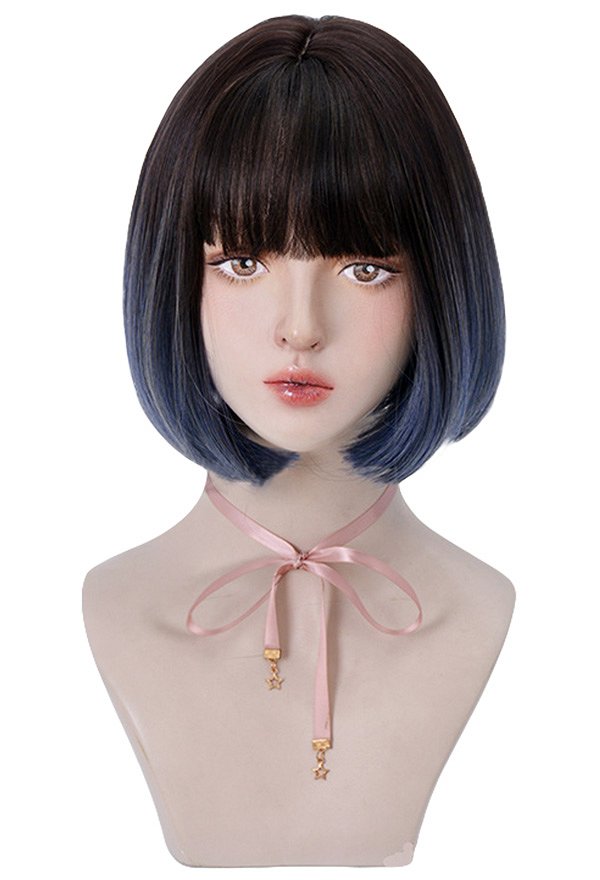 女性ショートボブコスプレウィッグ耐熱繊維グラデーショングレーブルーライトティーグレーパープルストレートヘア