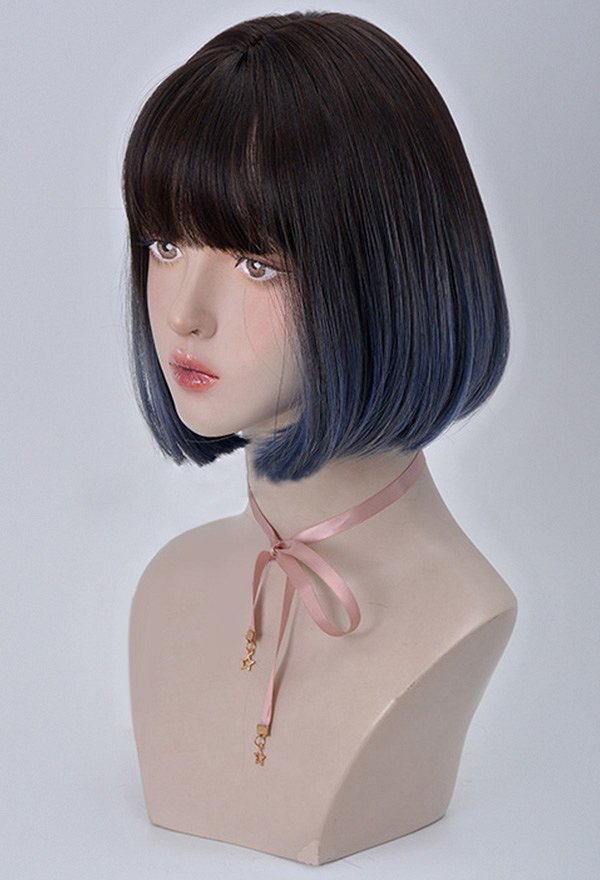 女性ショートボブコスプレウィッグ耐熱繊維グラデーショングレーブルーライトティーグレーパープルストレートヘア