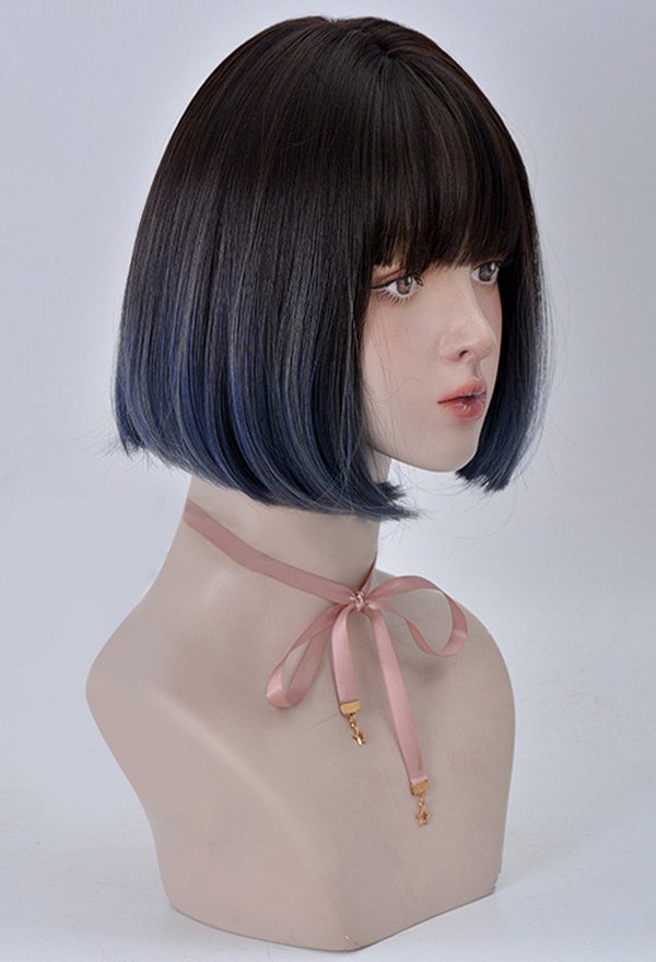 女性ショートボブコスプレウィッグ耐熱繊維グラデーショングレーブルーライトティーグレーパープルストレートヘア