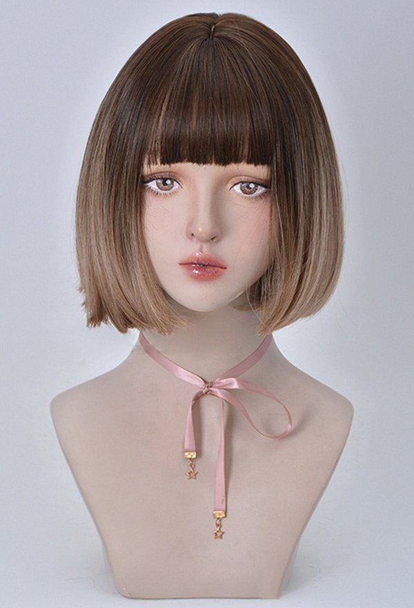 女性ショートボブコスプレウィッグ耐熱繊維グラデーショングレーブルーライトティーグレーパープルストレートヘア