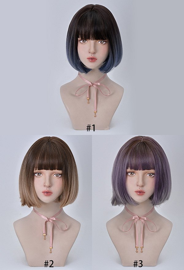 女性ショートボブコスプレウィッグ耐熱繊維グラデーショングレーブルーライトティーグレーパープルストレートヘア