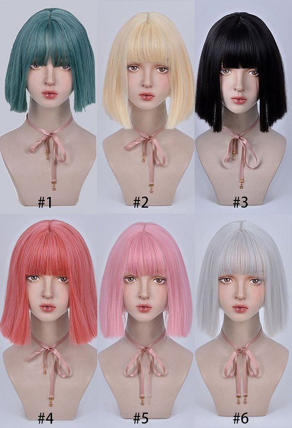 女性ショートコスプレウィッグ耐熱繊維シアン-ブルーライトレッドピンクブラックシルバーライトゴールデンストレートヘア
